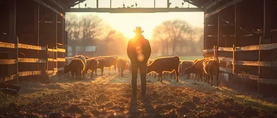 farmer standing in a barn watching his sheep feed