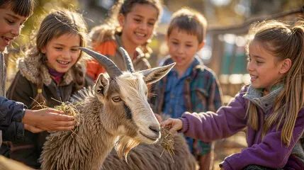 children petting a goat
