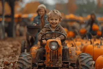 happy child riding a child size tractor
