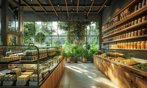 farm shop showing shelves full of produce
