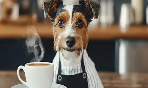 funny picture showing a dog with a coffee that he just made