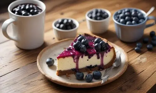 berry cake on a plate surrounded by pots of berries