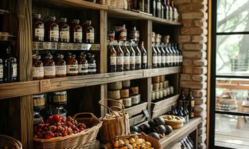 packed shelves in a farm shop showing pots of honey and jams