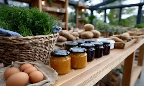 fresh produce and jars on a table