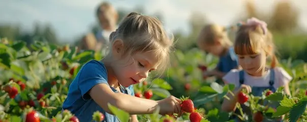 little girl intently picking the best strawberries
