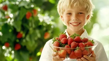 smiling boy holding a bowl full of strawberries