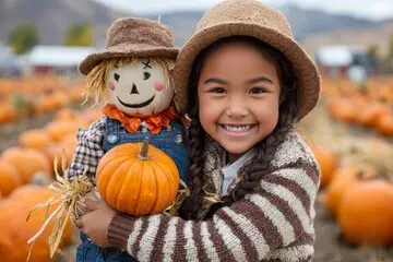 smiling girls with a pumpkin and doll